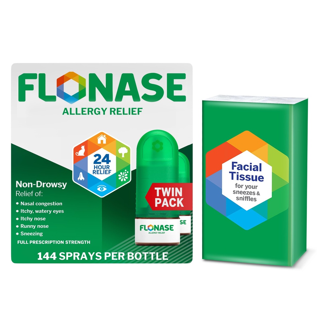 Fluonase Alergia Alívio Pulverização nasal, 24 horas de alívio multi-sintomático não-sonolento – 144 Sprays (Pacote de 2) mais pacote de bônus de tecidos