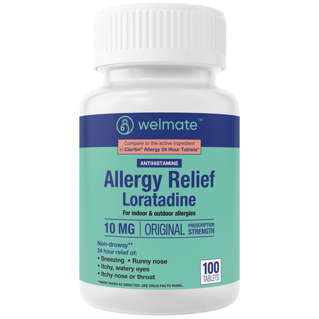 WELMATE - Alergia Alívio - Loratadine 10 mg - 24 horas de alívio Anti-histamínico - Non Drowsy - Runny Nariz - Espirro - Comichão & Garganta - Olhos Aguados - Medicação de Alergia Interior & Exterior - 100 Conde
