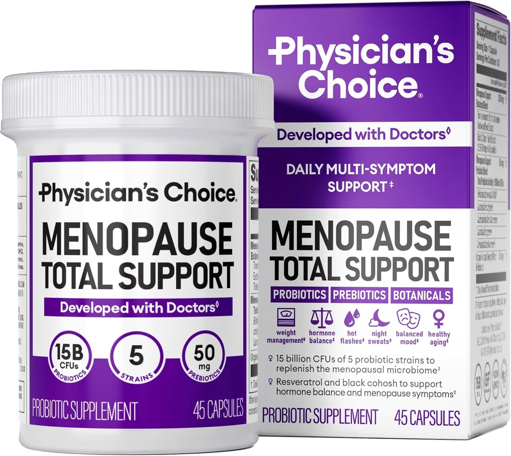 Médico Choice Menopausa Probiótico Suplemento para Mulheres - Suporta equilíbrio hormonal, flashes quentes, suores noturnos, gerenciamento de peso, Bloating & Gut Health - com Black Cohosh, Resveratrol+ - 45ct