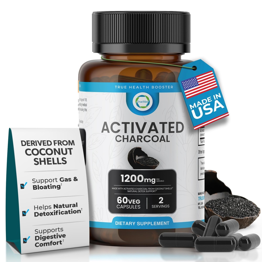 Cápsulas de Carvão Ativado 1200 MG, 60 Veg Caps, 30-Dias Premium Detox & Suporte Digestivo, Gás & Bloating Alívio, Coco orgânico Shell Charcoal, Gut Health, EUA Made.