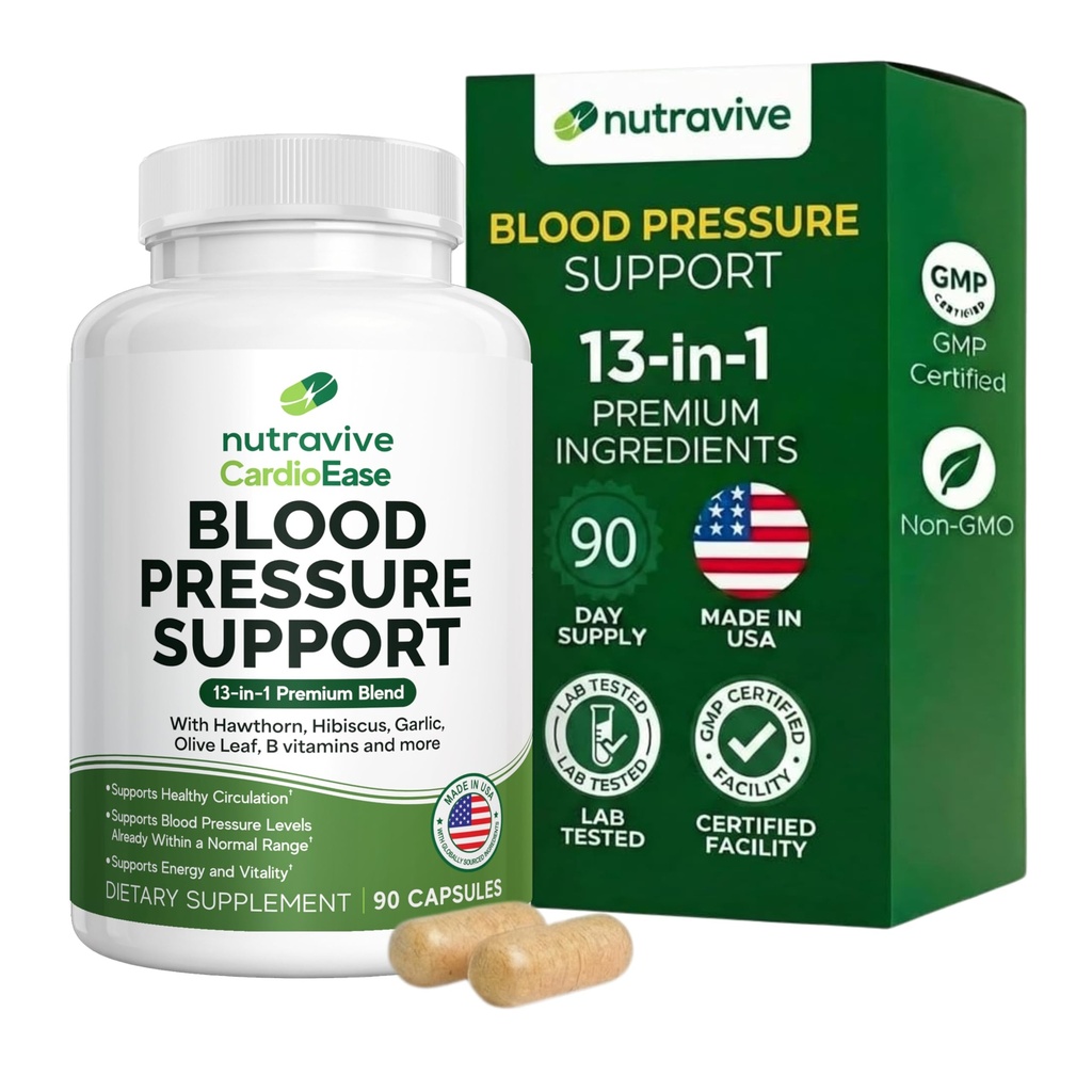 Suplemento de suporte de pressão arterial nutritiva – Natural Heart & Circulation Support com Hawthorn, Alho, Folha de Oliva, Hibiscus & B12 – EUA Made, GMP Facility - 90 Cápsulas