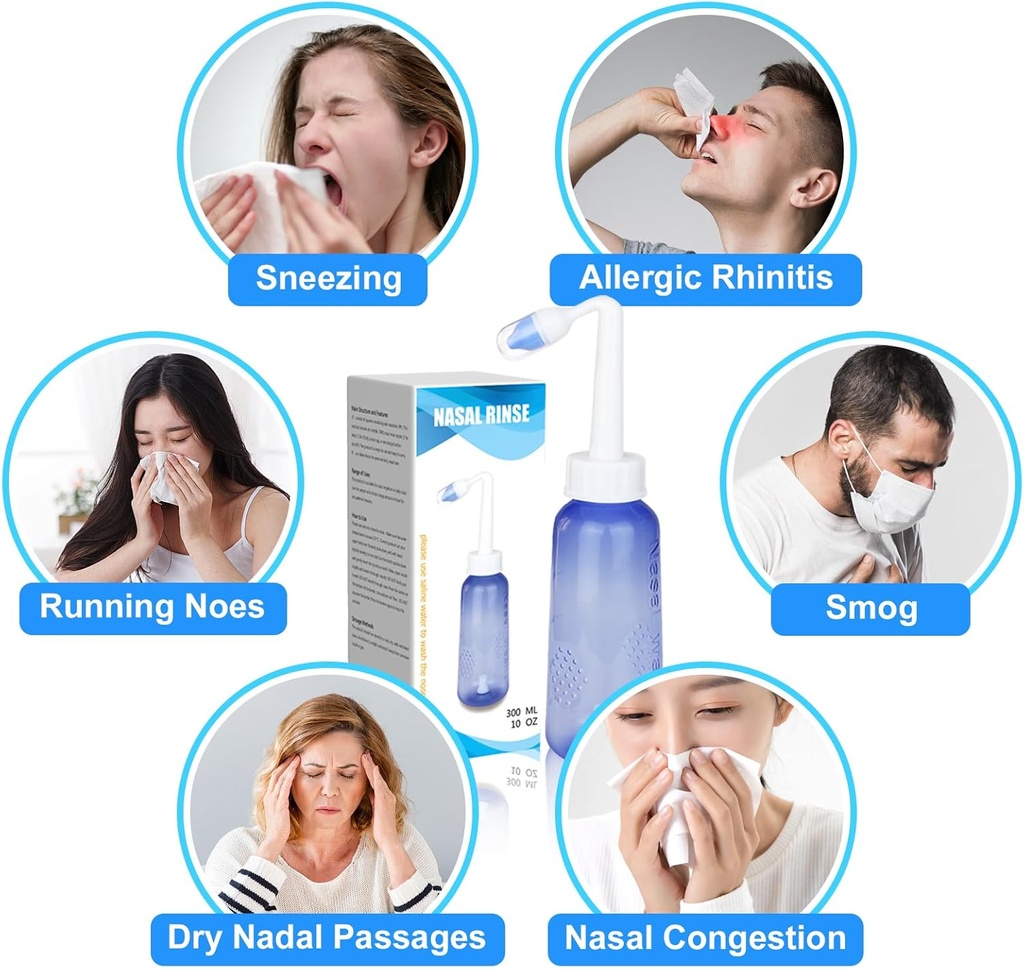300 ML Nasal Rinse Neti Pot Sinus Rinse Garrafa Gentil Nasal Wash Bottle Cleaner Confortável para Adulto & Kid Pressão eficaz Irrigatio com 20 pacotes de sal de lavagem nasal BPA Free