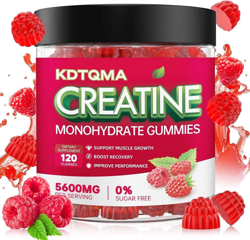 Creatina Mono-hidratado Gummies para homens e mulheres 120 CT - 5600mg de Creatina Mono-hidratado por serviço, Creatina Mastigável Mono-hidratado para apoio muscular & Energia Boost, Açúcar Livre, Vegan (Flavor de framboesa)