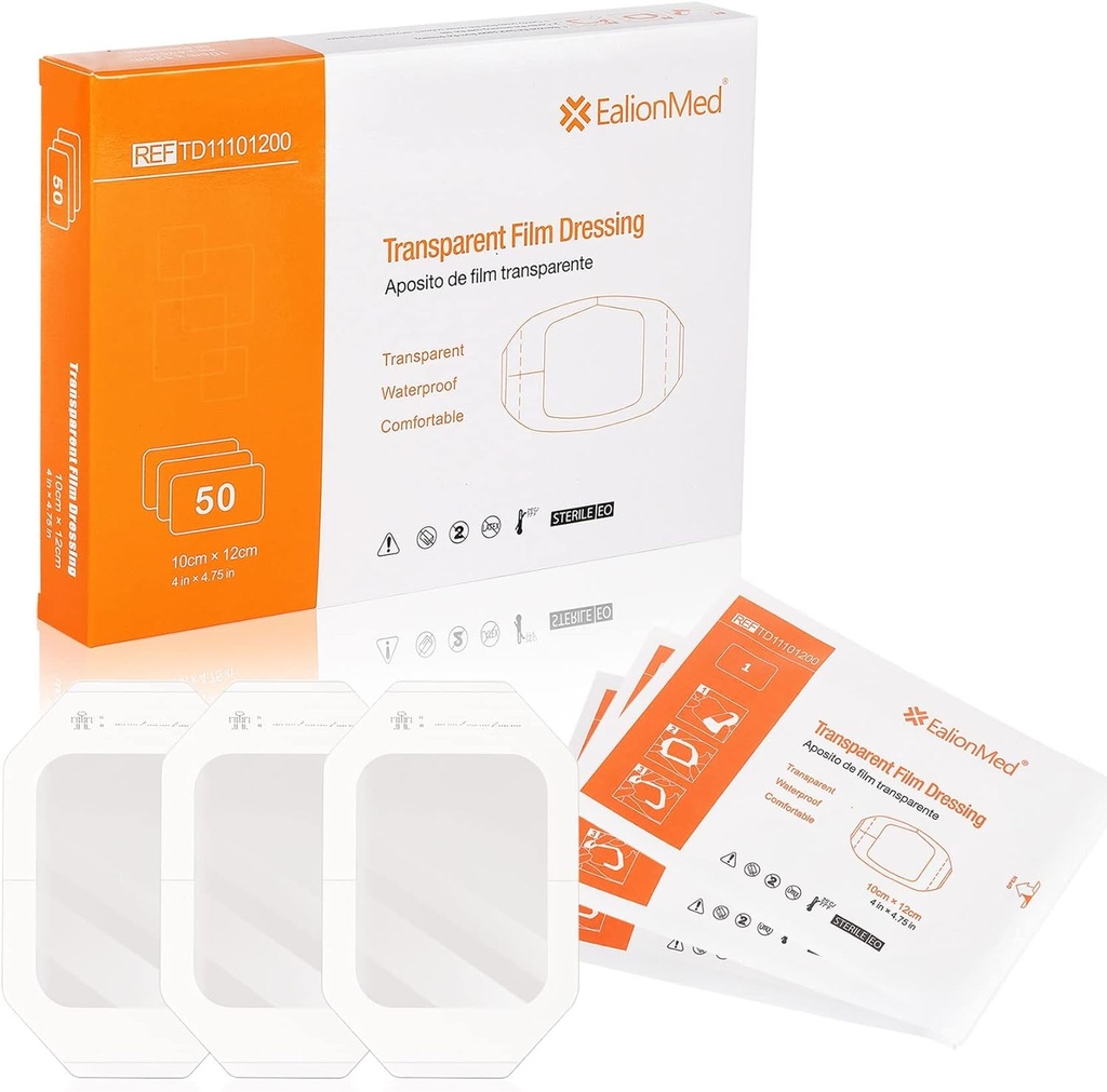 EalionMed Transparent Dressing, Bandagem de ferida, Patch adesivo, 4'' x 4,75'', 50 Pack, Limpar, Respirável, Confortável, Escudo de chuveiro, Bandagem de tatuagem