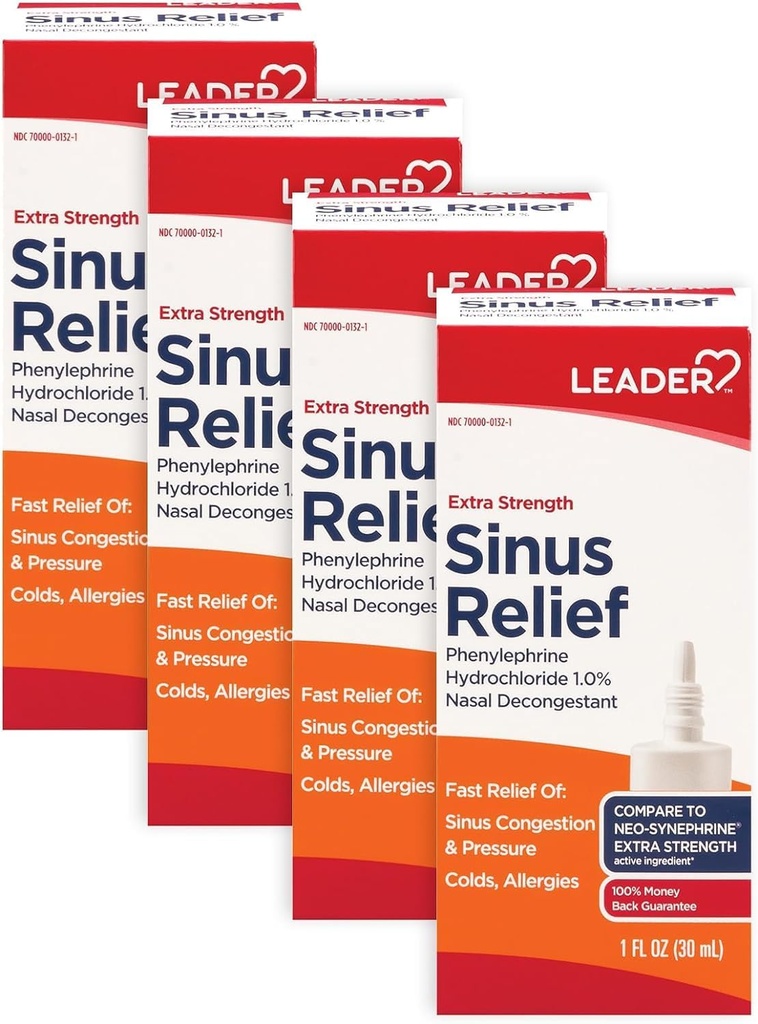 Líder Força extra alívio sinusal, atuação rápida, descongestionante sinusal, spray de alívio de congestão nasal, frio e alergia 30 ml garrafa (Pacote de 4)
