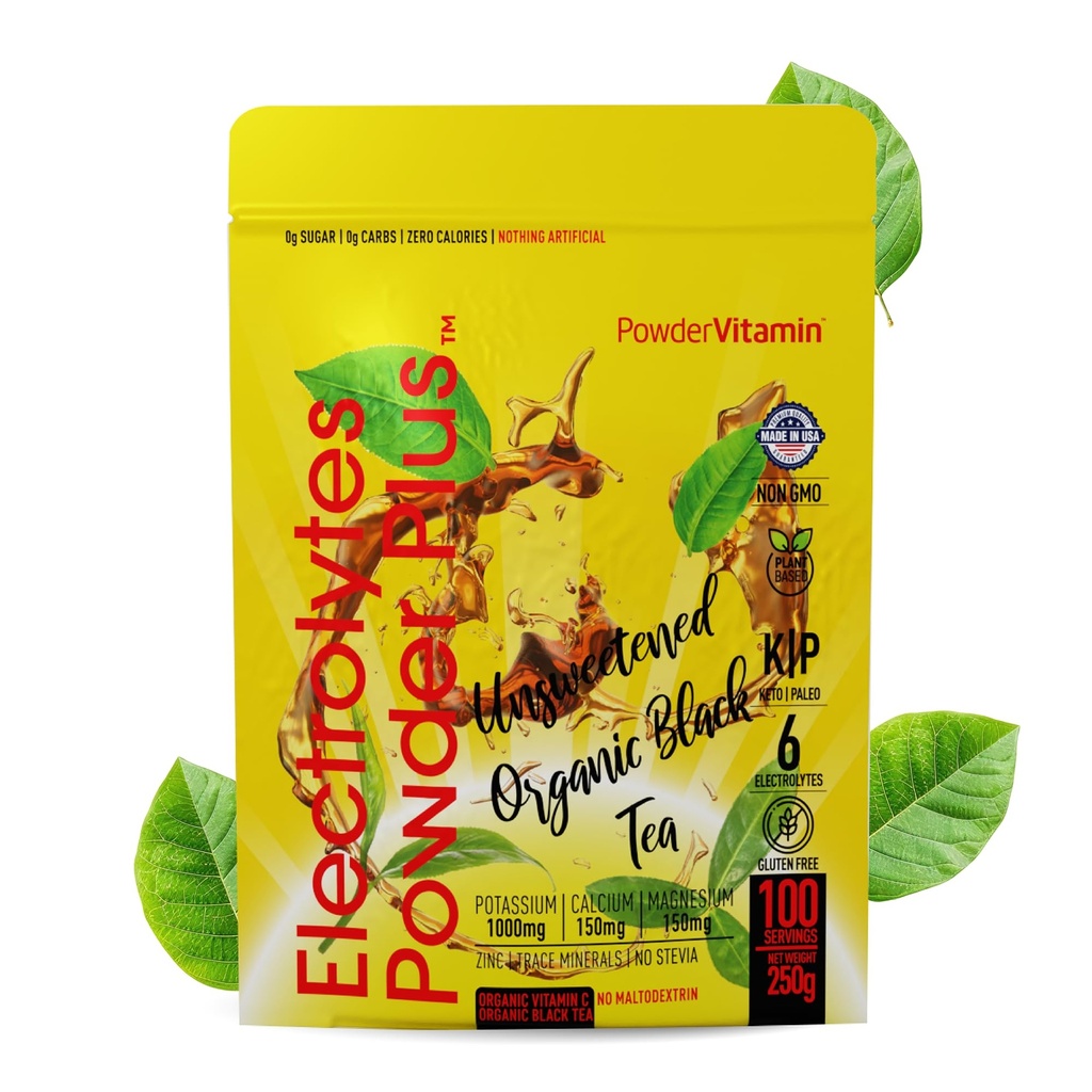 PóVitamina Eletrólitos Pó Plus (100 Servões) Chá preto não adoçado Eletrólito Pó Keto, Açúcar livre, sal de Himalaia rosa,1000mgPotassium, 150mgCálcio, 150mgMagnesio,Hidração Pó NO STEVIA