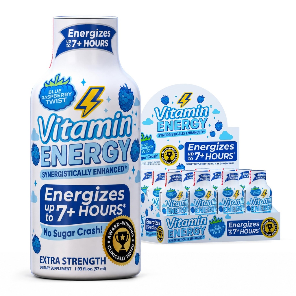 Vitamina Energia Imune+ Força extra Energia Tiro Blue Framboesa 12 Pack, 260mg Cafeína Natural, B-Vitaminas, Citicolina, Chá Verde, Imunidade e Foco Suporte, Açúcar Zero, Sem glúten 1,93 fl oz