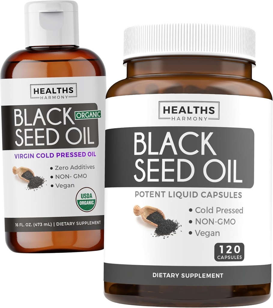 Óleo de semente preta Liquid & Soft-Gels (fornecimento de 2 meses) Óleo de semente preta Liquid & Cápsula Combo (16fl.oz & 120 Cápsulas de gel macio) 100% Premium A frio Nigella Sativa Black Cumin Seed Oil (Não-GMO)
