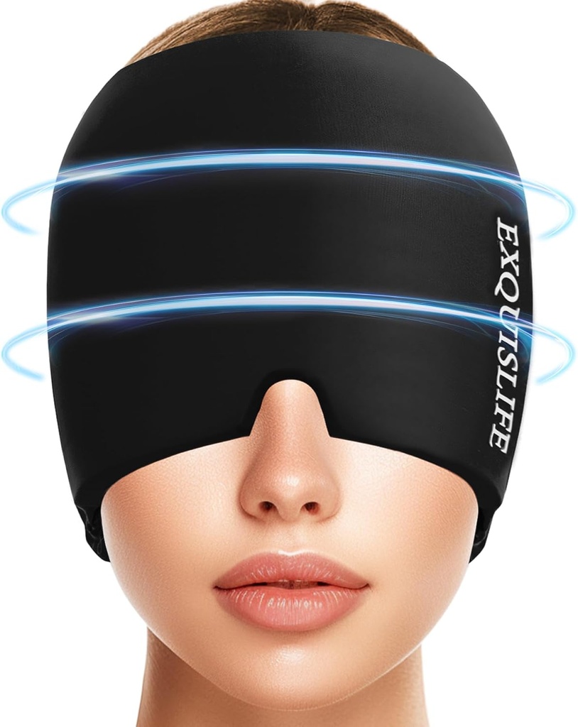 EXQUISLIFE Envoltório de cabeça de migraine de gelo, chapéu de alívio de dor de cabeça para o boné de migraine, terapia quente e fria, máscara de olhos de dor de cabeça para Sinus, Puffy Eyes, tensão e alívio de estresse (preto)