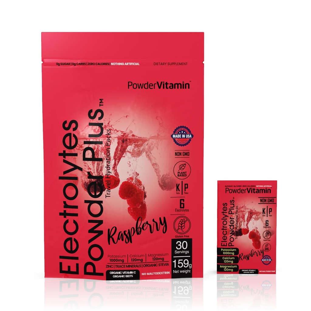 PowerVitamin Electrolytes Powder Packets - Framboesa - Keto Electrolytes for Daily Energy - Hydration Powder with 1000mg Potássio, 120mg Magnésio, Zero Calories - 30Hidration Packets