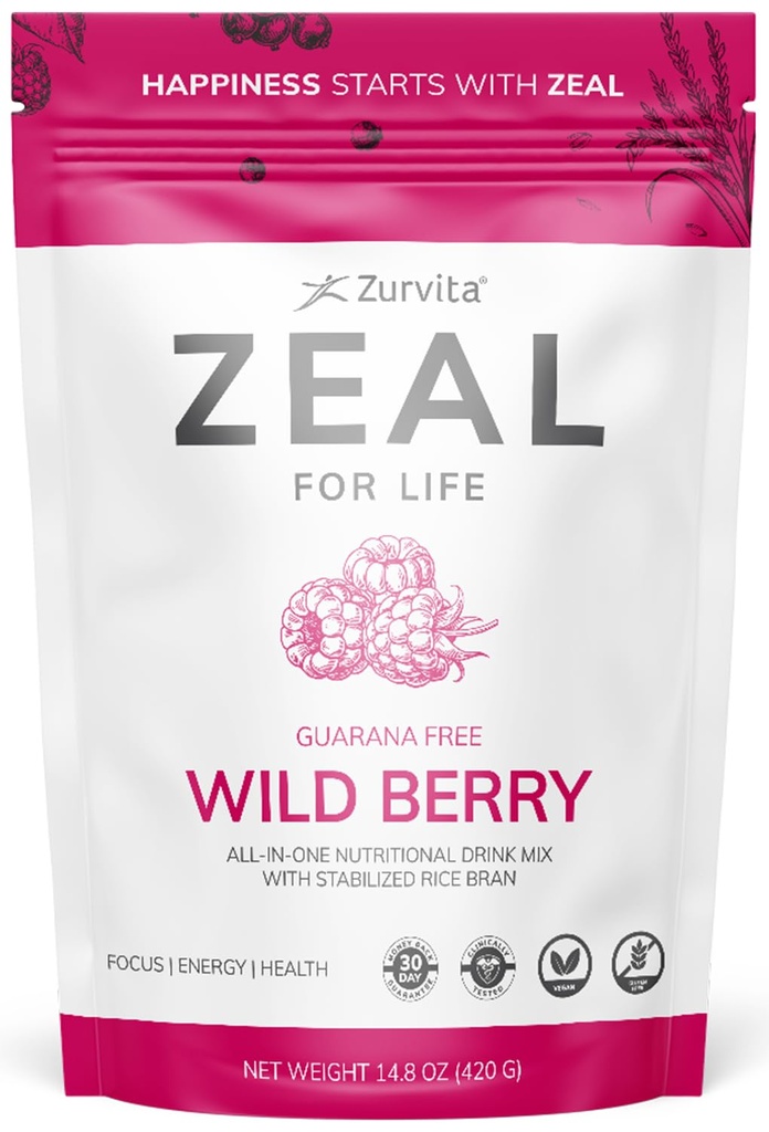 Zurvita - Zeal for Life 30-Day Wellness Bag - Wild Berry (Guarana Free) - Suplemento Nutricional para Vitalidade, Imunidade e Bem-Estar - 420 Grams