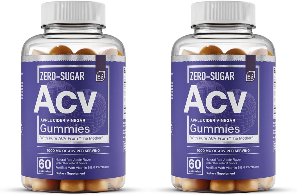 Elementos essenciais Zero-Sugar ACV Apple Cider Vinagre Gummies de “A Mãe” - Naturalmente-Fonte, Vegan ACV Gummies com Chromium 60 Count (2-Pack)