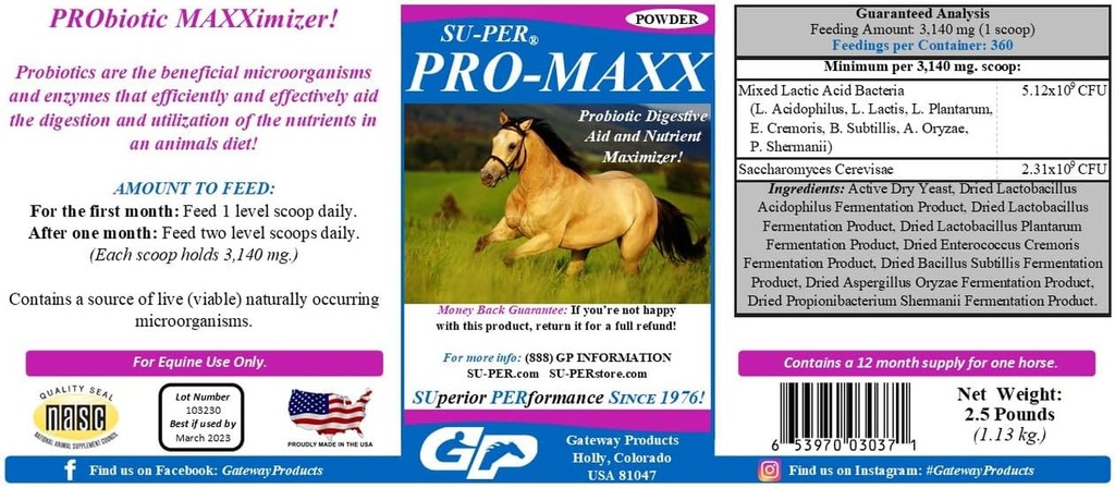 SU-PER Pro-Maxx Probióticos para cavalos - Equine Digestive Aid e Nutrient Maximizer - Mantém a saúde adequada da tripa e equilíbrio microbial - 2,5 libras, (2 pacotes)