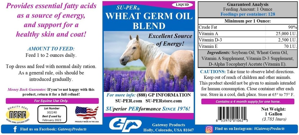 SU-PER Óleo de Germe de Trigo Mistura para cavalos - Suporta energia, resistência, resistência, pele saudável e revestimento - Ácidos Gordura Essenciais, Vitaminas e Minerais - 1 galão, fornecimento de 4 meses