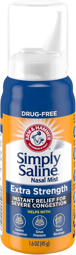 Braço e martelo simplesmente salino Nasal Mist força extra, congestão grave, 1,6 onça