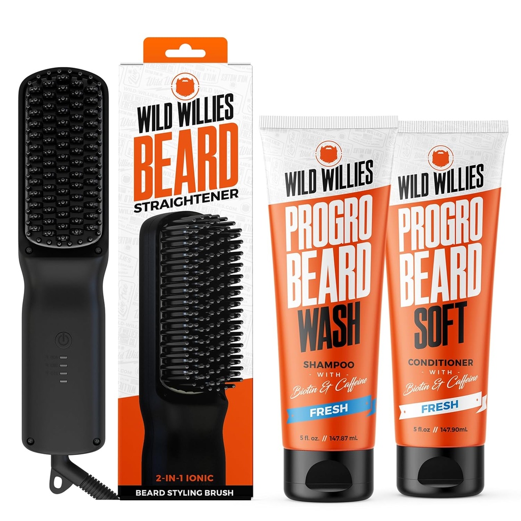 Wild Willies Beard Grooming Kit - Endireitador de Barba para Homens, PROGRO - Fortificado com Biotina e Cafeína para o crescimento do cabelo, lavagem, hidratação - Ionic 2-em-1 Escova de pente aquecido, Made in USA