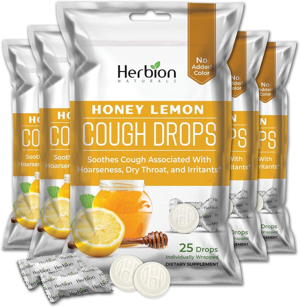 HERBION Naturals Tosse Gotas com sabor de limão mel, Suplemento dietético, Alivia a Tosse, para adultos e crianças acima de 6 anos, 125 Lozenges, pacote de 5