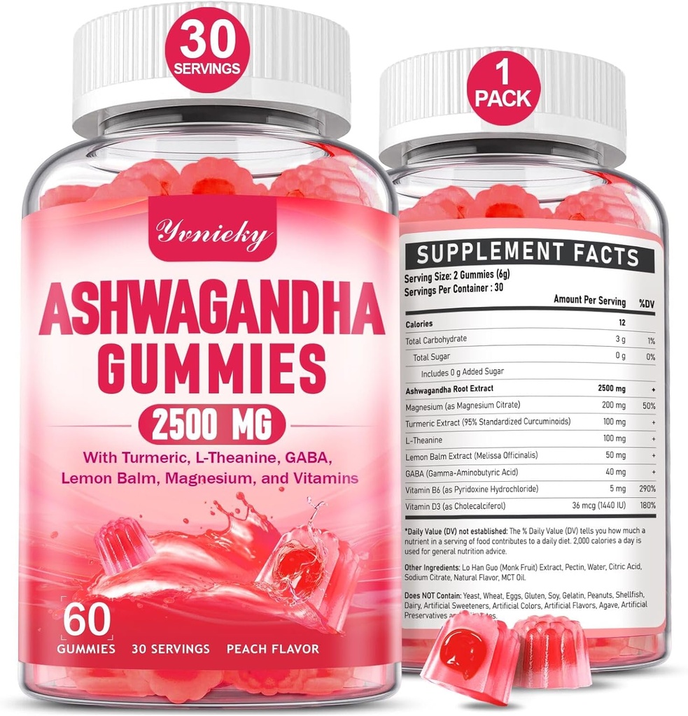 Ashwagandha Gummies 2500mg para mulheres e homens: Ashwagandha Suplemento Gummy Força extra com açafrão, Vitamina D3, L-Teanina, Magnésio - Gummies recheados, Strawberry Flavor, Vegan, Não-GMO