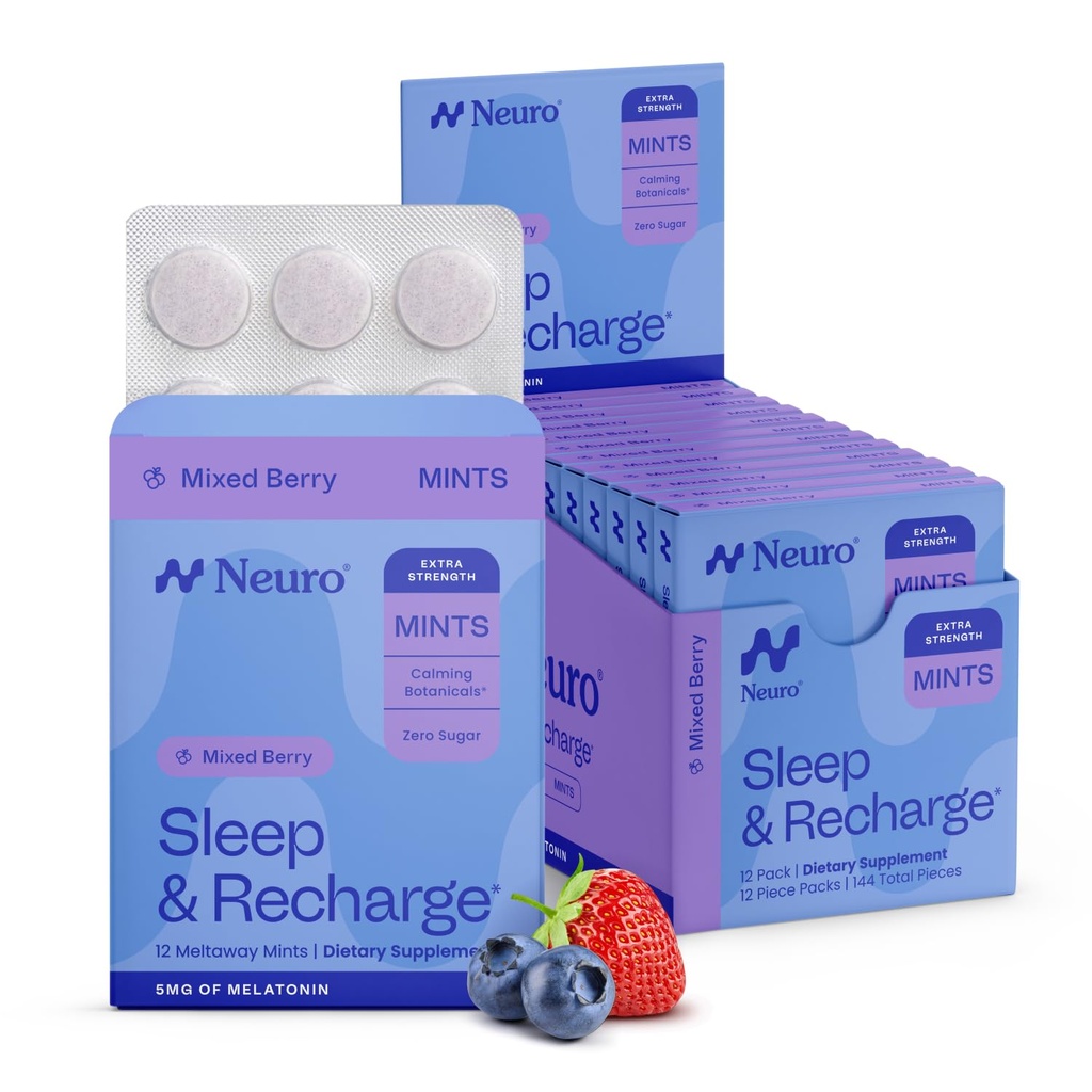 Neuro Melatonina 5mg Dormir & Recarregar Mentas (144 peças) - Dissolver rapidamente Melatonina Açúcar Mentas Grátis com Limão Balm & Camomila para Melhor Dormir - Suplemento de Sono Calmo para Adultos - Boa noite
