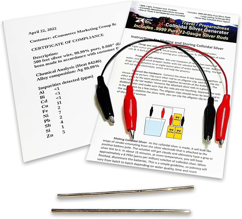 Fio de gerador de prata coloidal 99.99% Pure 12-Gauge (0.08 in./2.06 mm) Conjunto de (2) Rodas de 4 polegadas + Mini / Gerador de viagem - Inclui fios + Instruções completas