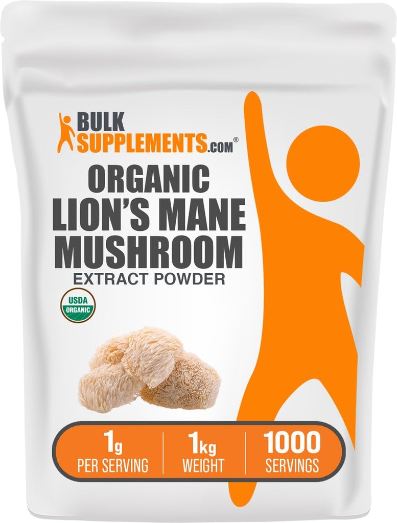 BulkSupplements.com Extrato de Cogumelo de Mana de Leão Orgânico Pó - Leões Mane Suplemento Pó, Superalimentos para Bem-Estar - Vegan, 1g por serviço, 1kg (2.2 lbs) (Pacote de 1)