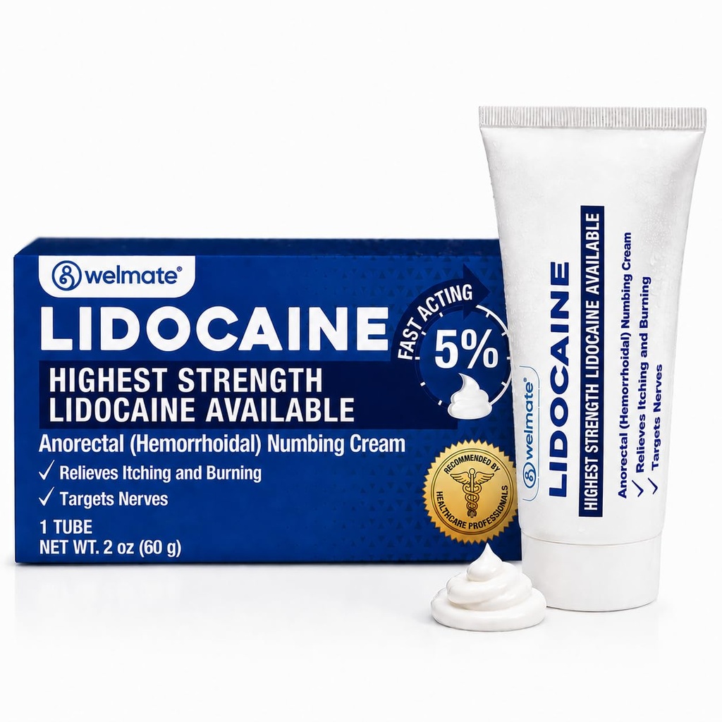 WELMATE - 5% Lidocaine Numbing Cream, 2 onças (60g) - Lidocaine Cream de máxima força - Alívio hemorróida - Anestésico de Uso Externo, Vitamina E - Resistente à Criança - Cuidados tópicos da pele
