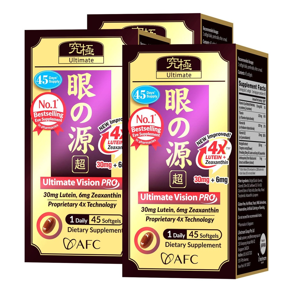 AFC Japan Ultimate Vision PRO - Melhorada, Up-Sized Fórmula - Apoiar vitaminas para a saúde ocular com Lutein, Zeaxantina 4X, Bilberry, Nutrientes para olhos secos turva, Macular Saúde e Foco, 45 Softgelsx3
