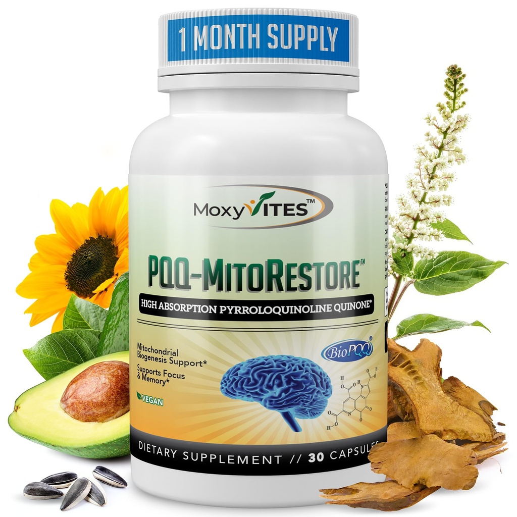 PQQ MITORESTORE Suplementos do cérebro para memória e foco - Mitocondria Suplemento com BioPQQ 20mg - Forma mais pura não quimicamente sintetizado, Cognitivo e apoio cardíaco - 30 Cápsulas Vegan, Não OGM