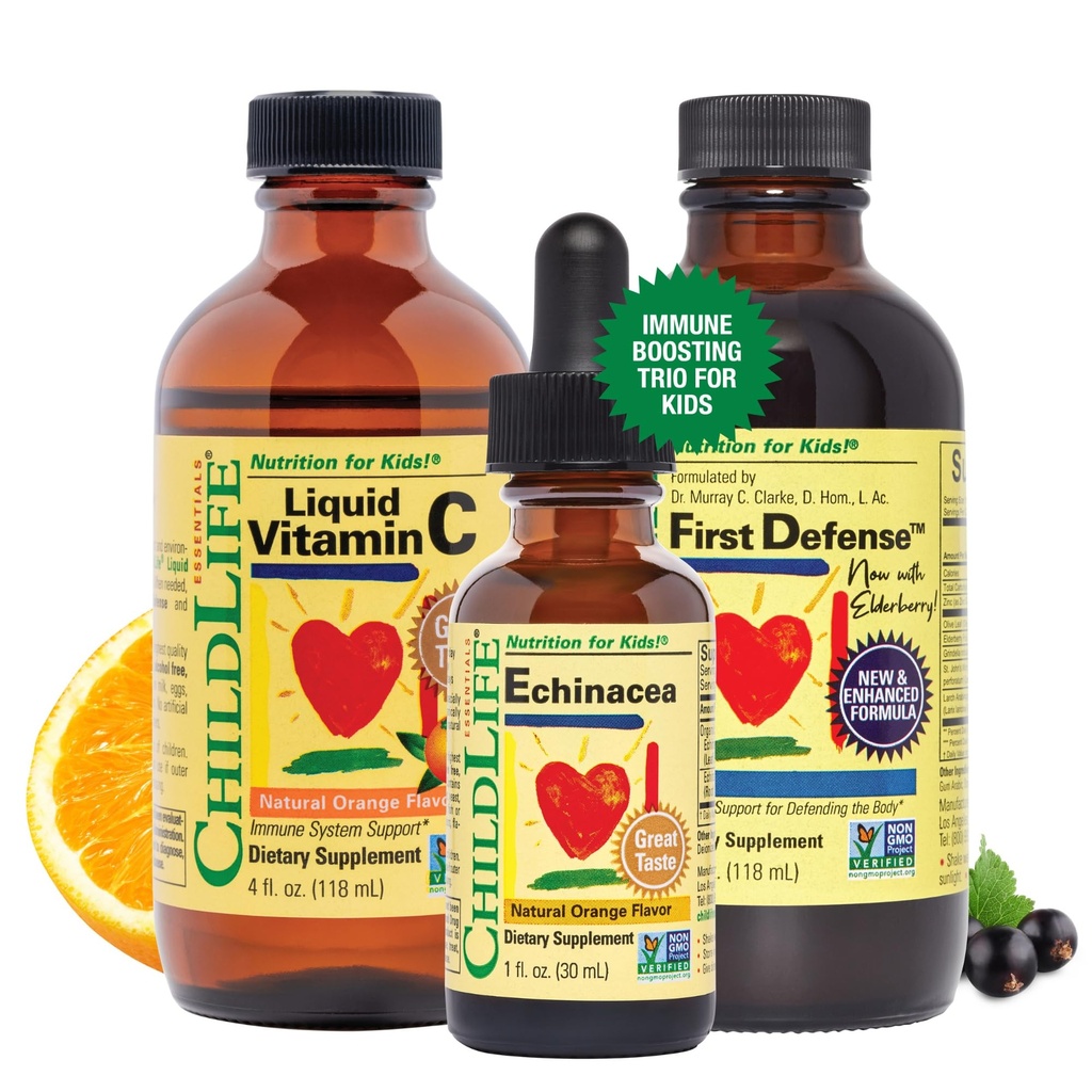ESSENCIAIS FILHOS Suporte imunológico 3-Pacote - Vitamina C Líquida, Primeira Defesa e Echinacea - Suplementos Imune Boosting para lactentes, crianças e crianças