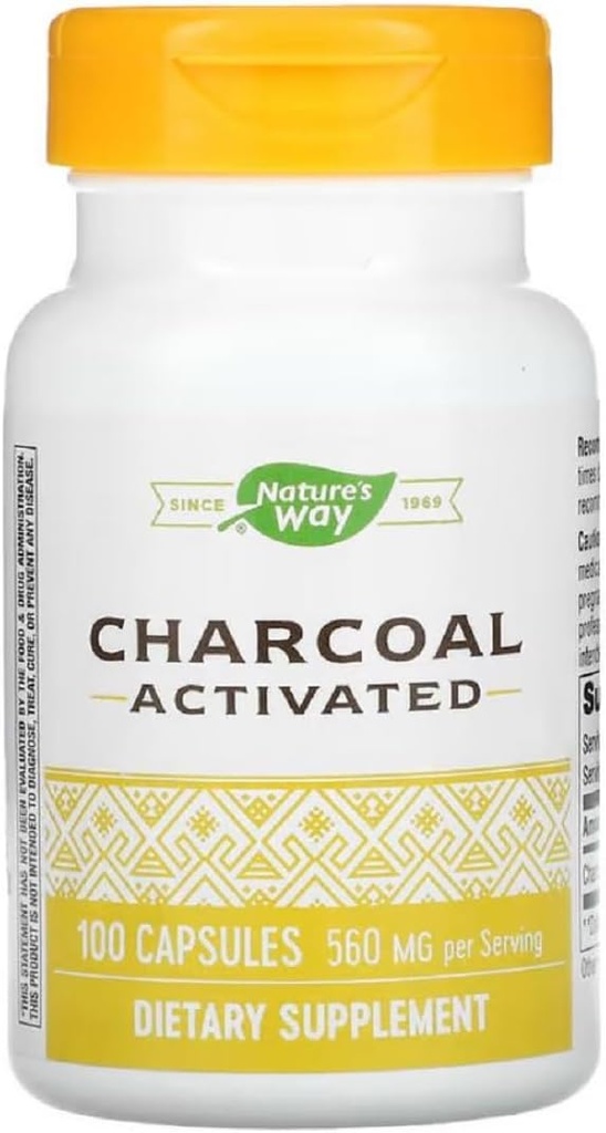 Natures Way Activated Charcoal Intestinal Cleanser Cápsula, 260 mg - 100 por embalagem - 3 embalagens por caso.3