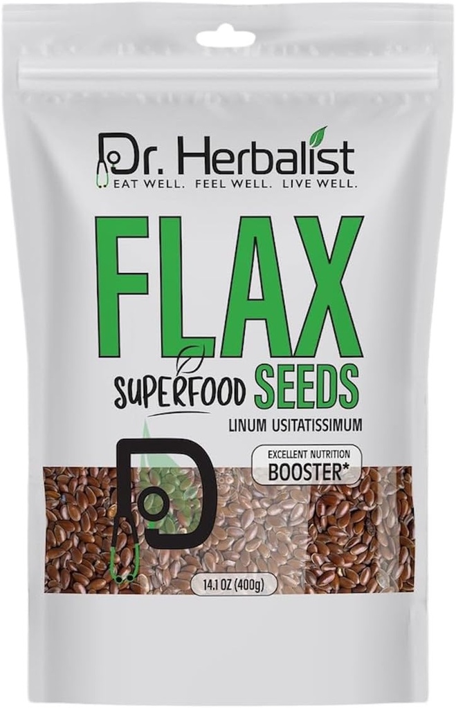 Dr. HERBALIST Flax Seeds 400g,Linum Usitatissimum,Alsi Seeds,Super Food, Ácidos Gordura Ómega Essencial, Alta em Proteína Baseada em Plantas, e Fibra, para smoothies, Baking, para fácil digestão e absorção