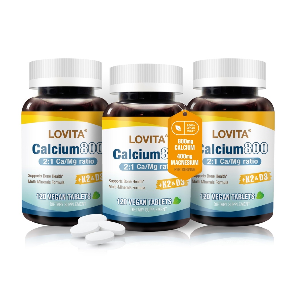 Lovita Citrato de cálcio 800 mg com magnésio, vitamina D3 & K2, força óssea e densidade Suplemento para mulheres e homens, Suporta dentes, Saúde Imune, Glúten livre, Não-GMO, 360 Tablets Vegan