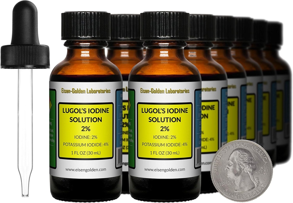Solução de Iodo de Lugol / 2% / 12 Oz em 12 garrafas de vidro âmbar / Droppers grátis / EUA