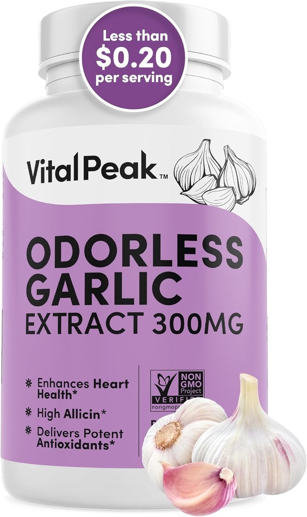 Extrato de Alho Odorless - Alicin-Rich 300 mg Suplementos de Alho Herbal para Coração, Fígado e Imune Suporte I Não-GMO, Gluten-Free, Vegan - 90 Cápsulas de Alho