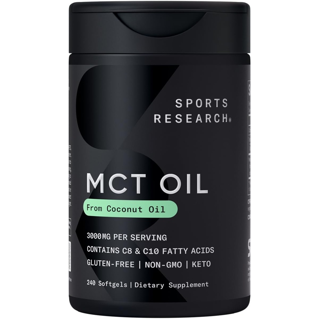 Pesquisa Desportiva Keto MCT Oil Pills from Coconut Oil - Combustível Keto para o Cérebro e Corpo - Não-GMO Verificado, Soy & Gluten Free Liquid Softgels (240 Count)