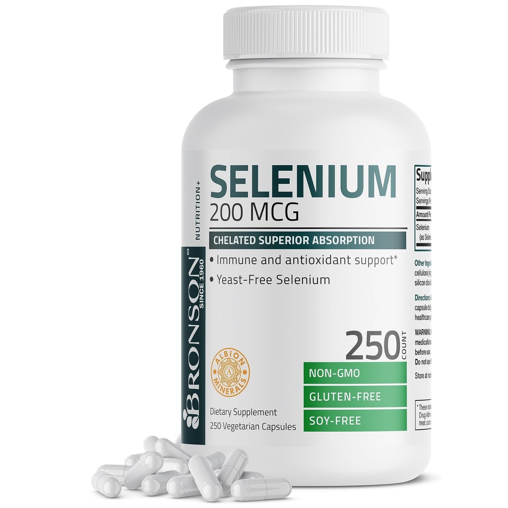 Bronson Selenium 200 mcg – Complexo de Aminoácido Quelato Livre de Levedura - Essential Trace Mineral com Absorção Superior, 250 Cápsulas Vegetarianas