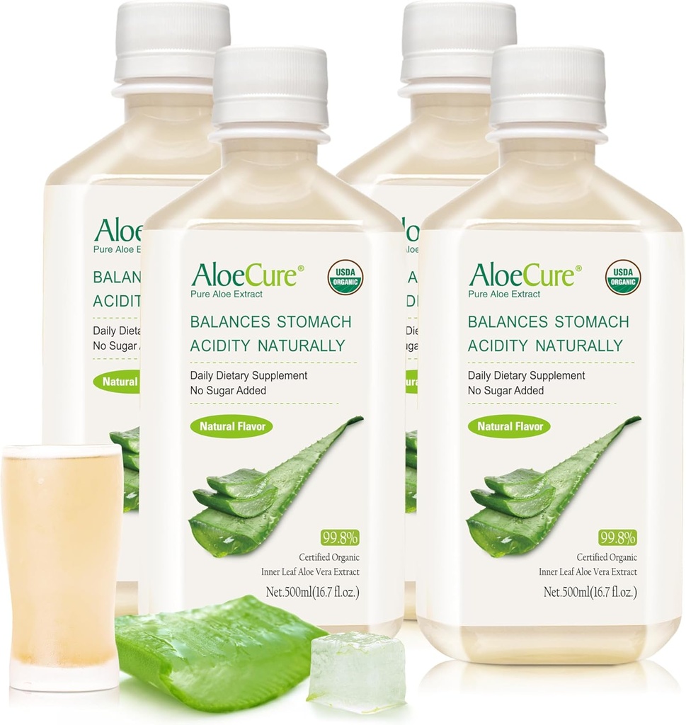 AloeCure USDA Orgânico Aloe Vera Juice Made Within 12 Hrs of Harvest - Puro Suco de Aloe Suplemento Digestivo Natural para apoiar a digestão, sistema imunológico e equilíbrio da acidez do estômago, 4 x 500ml Garrafas