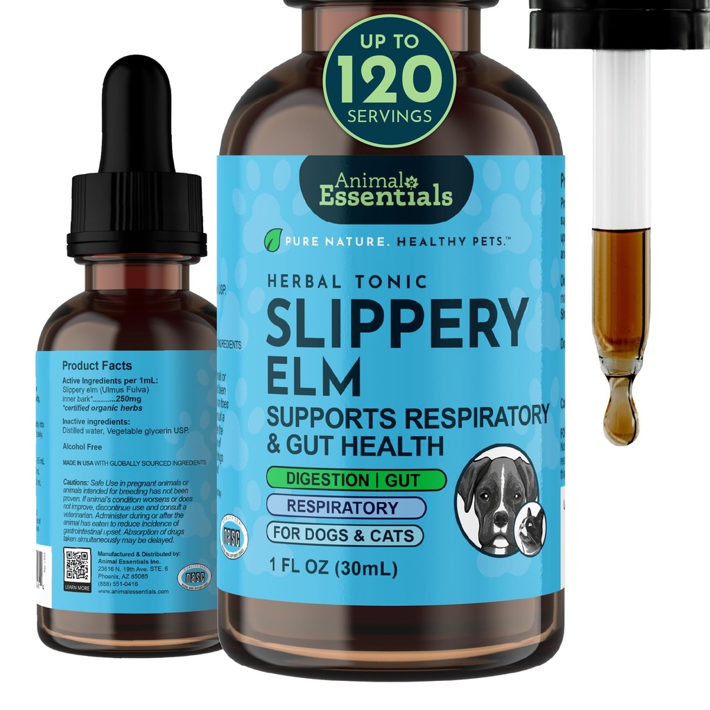 Animal Essentials Slippery Elm - Slippery Elm Bark Anti Diarrhea Drops para cães e gatos, extrato de ervas orgânicas para gut saudável, Digestive & Garganta Suporte, Ajuda Reflux ácido, Fórmula líquida- 1 fl oz