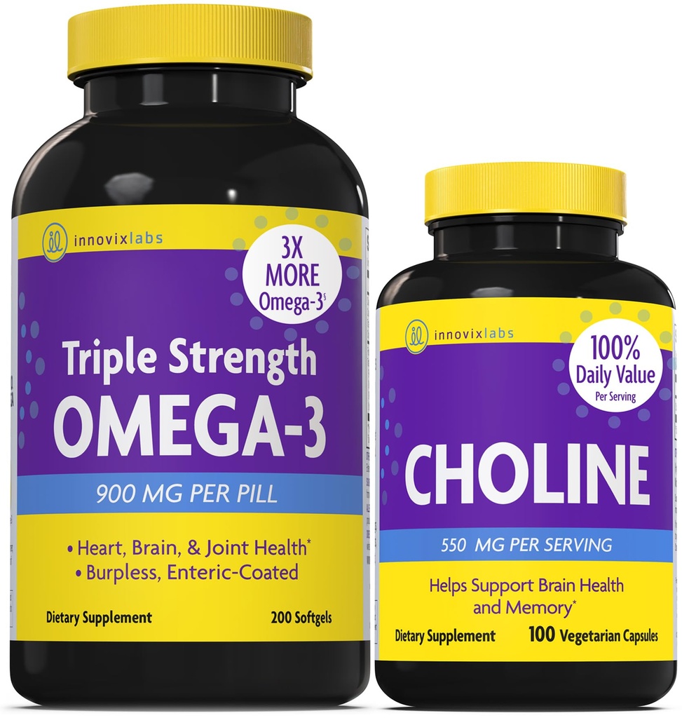 InnovixLabs Choline & Triple Omega-3 Bundle Choline Bitartrate 550mg (100 Cápsulas) Tripla Força Omega (200 Softgels). Suporta memória, humor, saúde cerebral e aumentar o cognitivo.*