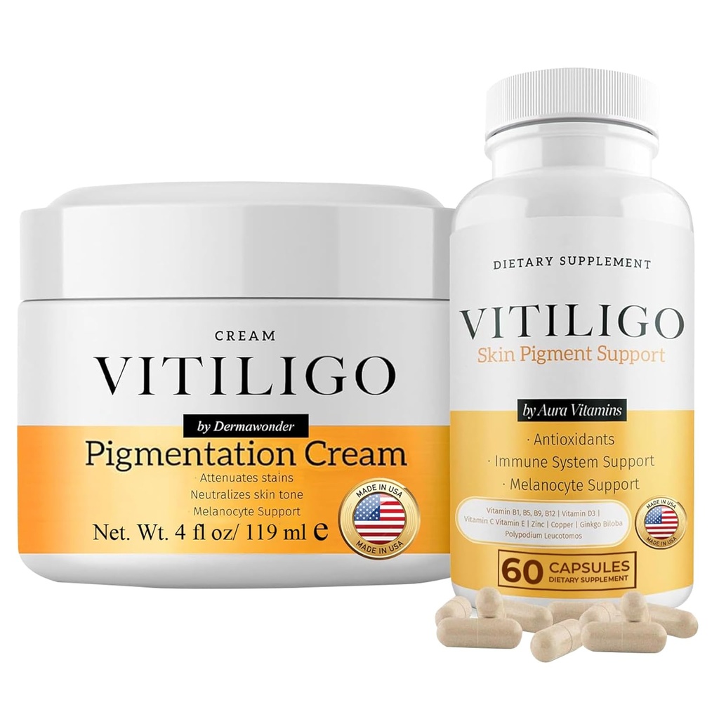 Dermawonder Vitiligo Supplement & Pigmentation Cream Set 60 Cápsulas de Vitiligo e 4fl Oz Cream