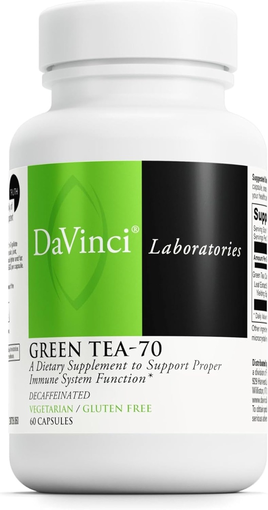 DaVinci Labs Green Tea-70 - Suplemento dietético para apoiar o sistema imunológico, saúde cardiovascular e saúde do colesterol - com extrato de chá verde - descafeinado - sem glúten -60 Cápsulas vegetarianas