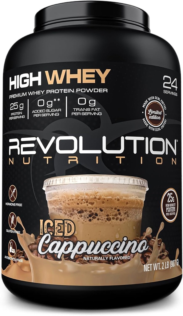 Revolution Nutrition, High Whey, Protein Powder 2LB, Whey Isolate, Gluten Free, Lean Muscle Mass for Men & Women, 25g of Protein Per Scoop, 908 g, 24 Servings (Iced Cappuccino, 2 libras)