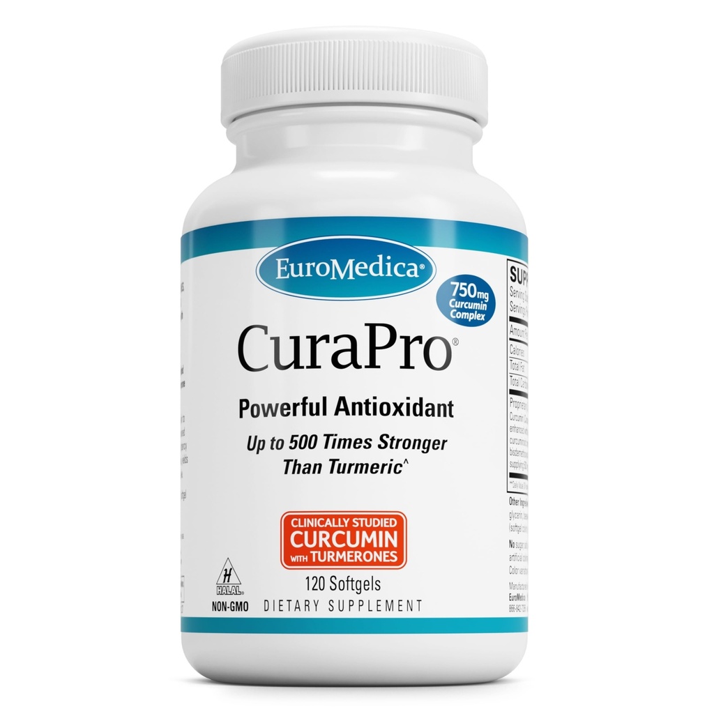 EuroMedica CuraPro - Suplemento antioxidante para apoio à saúde do cérebro e do coração - Suplemento dietético com complexo de curcumina de alta potência - Rim, fígado e Imune Suporte à saúde - 120 Softgels