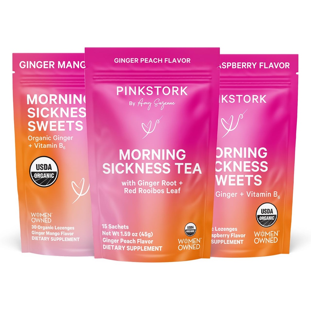 Pink Stork Morning Sickness Alief Kit – 3-Piece Bundle com chá de pêssego de gengibre orgânico, B6 Sweets, Ginger Lozenges – Apoio à gravidez, Primeiro Trimester Essentials, Presente para mulheres grávidas