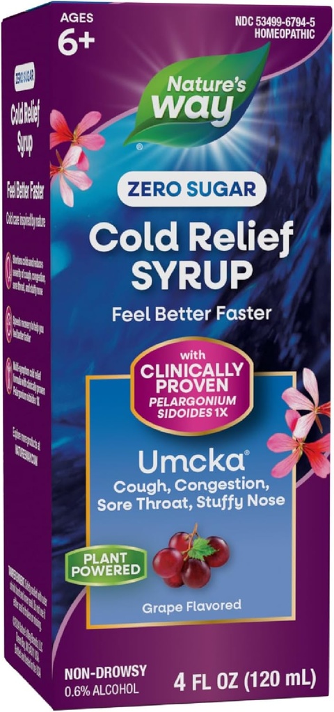 Forma da natureza frio alívio zero açúcar xarope, Umcka, homeopático, Encurta resfriados, garganta ferida, tosse, congestão, e nariz abafado, fenilefrina livre, sabor de uva, 4 Fl Oz (Packaging May Vary)