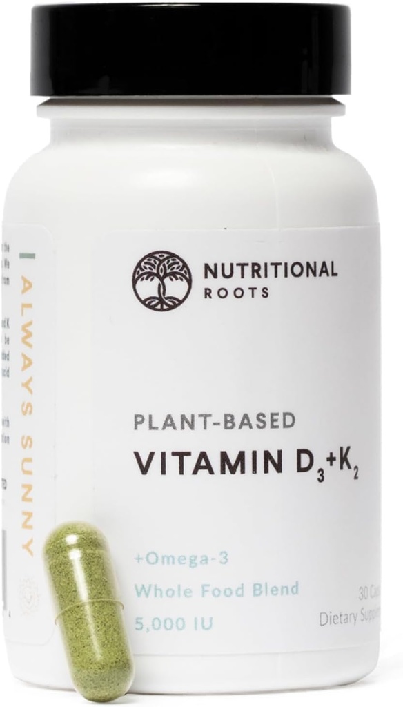 Raízes Nutricionais - Vitamina D3 & K2-5.000 iu - 1 bilhão UFC Probióticos - Algal Omega 3 DHA - Suporte imunológico - Suplemento dietético - Fórmula Vegan - 1 mês de fornecimento - 30 cápsulas