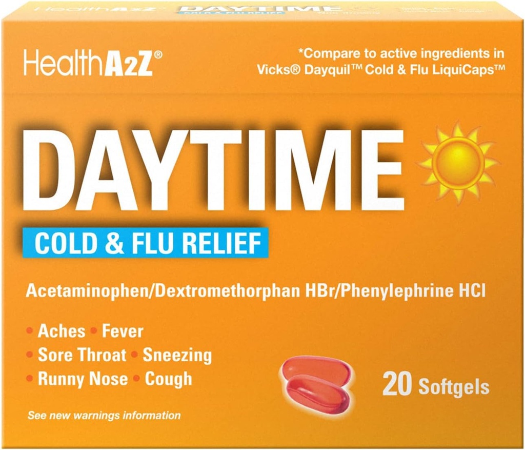 HealthA2Z® Diurno – Medicina do frio e da gripe – Poderoso Multi-sintoma Durante o dia (20 Softgels) (Medicina do frio e da gripe do dia (20 Count Pack of 1))