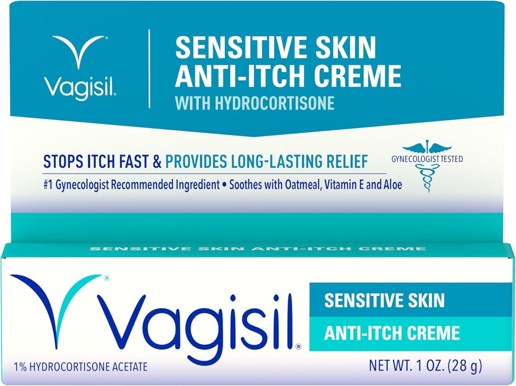 Vagisil Feminino Creme Anti-Itch para Mulheres, Fórmula de pele sensível com hidrocortisona, Ajuda a aliviar a irritação de infecção do Levedo, Ginecologista Testado, Acalma & Cools, 1 oz (Pack of 1)