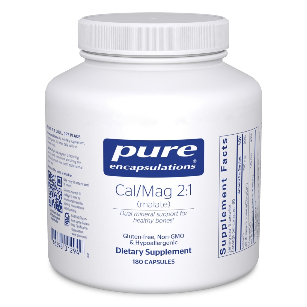 Encapsulamentos puros Cal/Mag (Malate) 2:1 - Cálcio & Magnésio (Malate) - Suplemento de Saúde Óssea* - Absorção Optimal - Vegan & Gluten Grátis - 180 Cápsulas