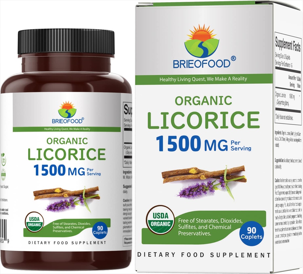 Brieofood Alcaçuz Orgânico 1500mg, 45 Servings, Vegetarian, Gluten Free, 90 Comprimidos Vegetarianos